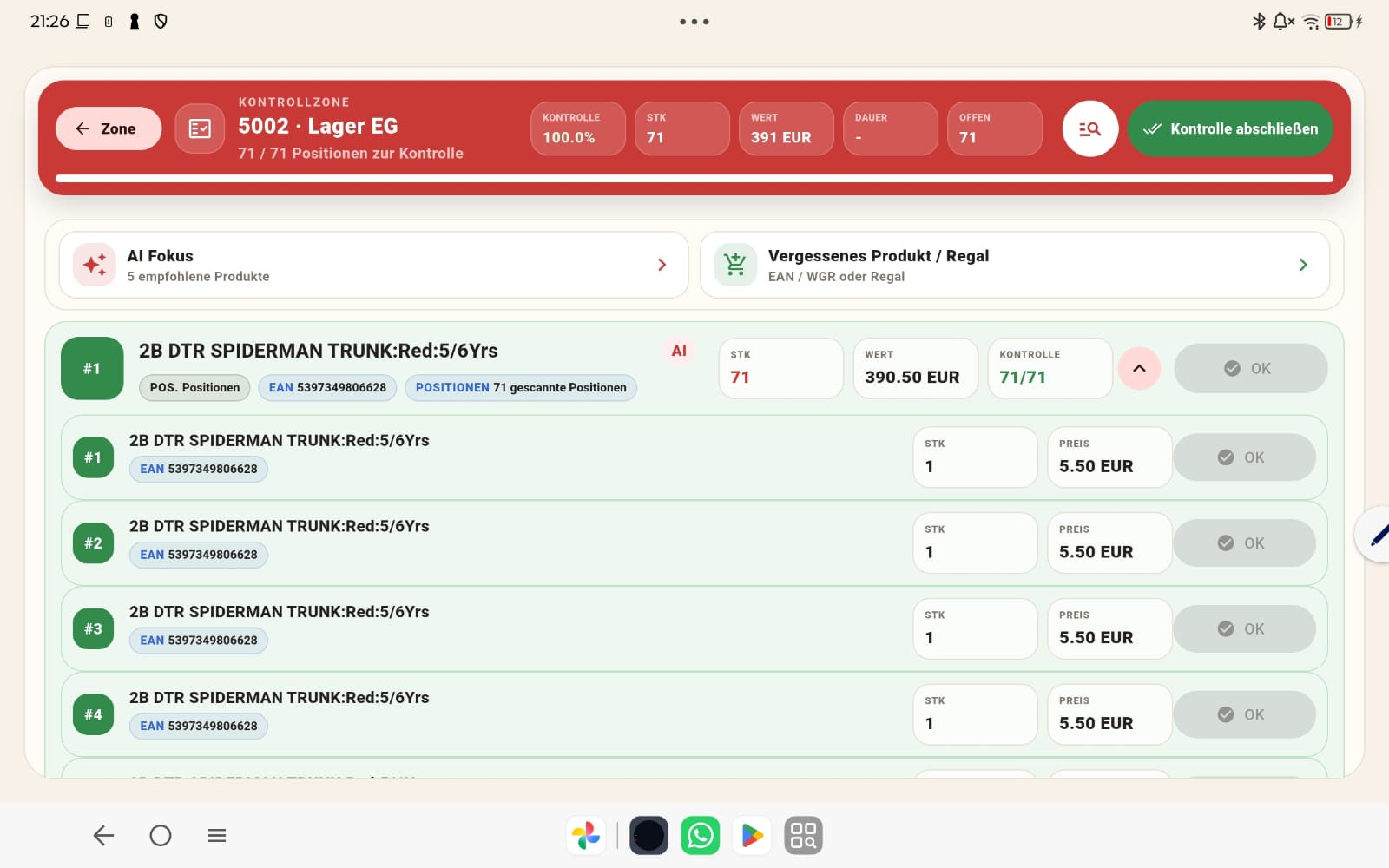 NPInventur Kontrollzone mit Produktliste auf Tablet