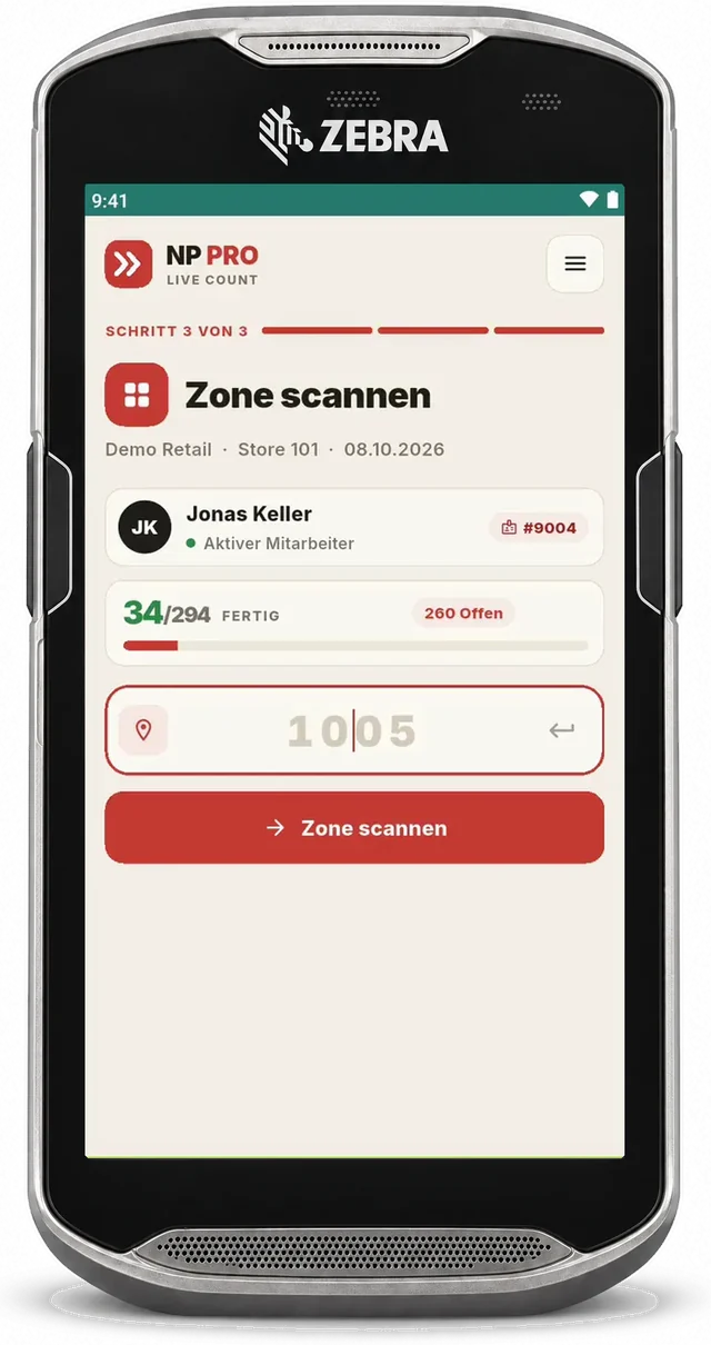 Beispielgerät Zebra TC56 mit NP PRO – Zone scannen